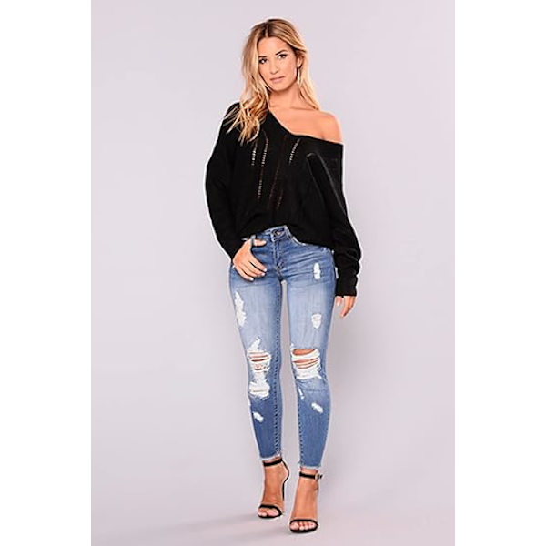 Kvinners høye midje skinny stretch ripped jeans ødelagt denim bukser XL