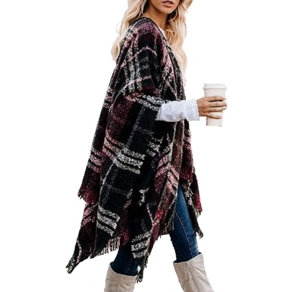 Boho poncho med öppen framsida, oversize stickad rutig sjal, wrap, kofta