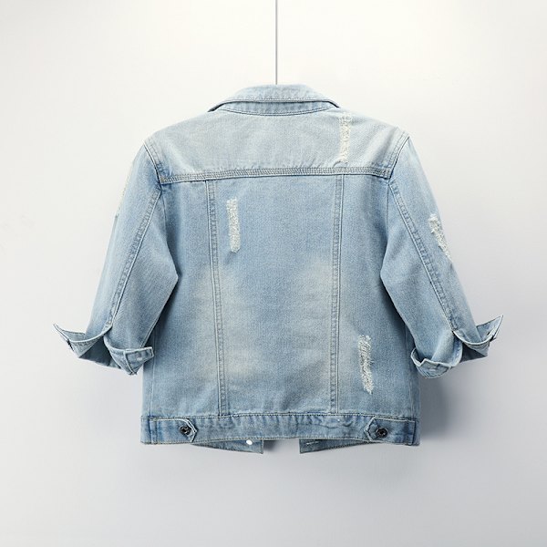 Kvinder Efterår 3/4 Ærme Retro Kort Denim Jakker Lyseblå Jeans Frakker, M