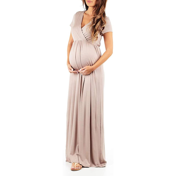 Maternity Short Sleeve Ruched Waist Faux Wrap Maxi Kjole XL