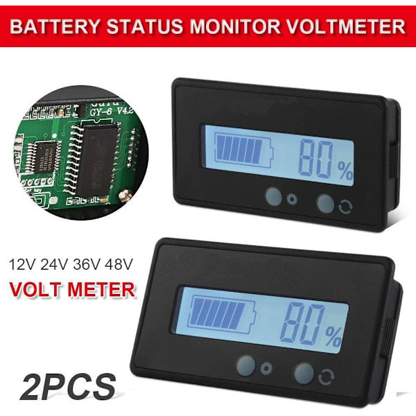 2PCS LCD-batterikapacitetsmätare, 12V/24V/36V/48V blybatteri S
