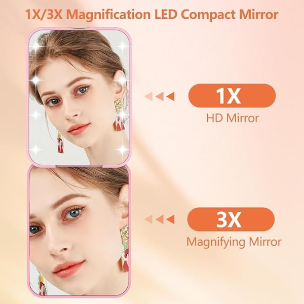 Kompakt spegel med ljus och förstoring 1X/3X, LED Travel Mak
