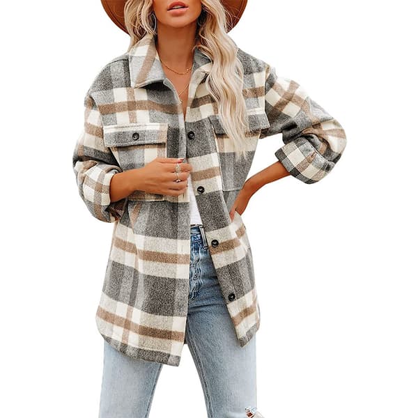 Womens Casual Plaid Shacket Lapel Button Down Langærmet Uld Blend Lomme