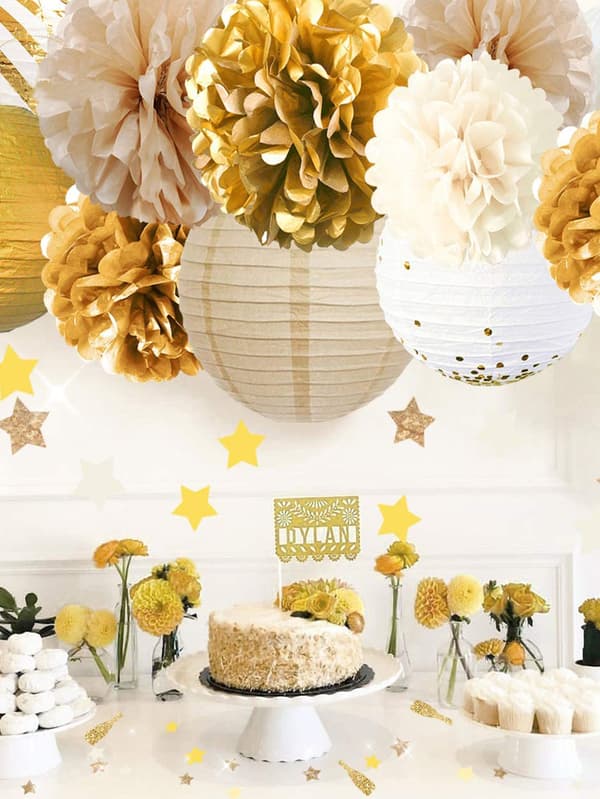 Festdekorationssæt Lanterner Blomster Pom Pom med Guld 3D Sommerfuglesticker