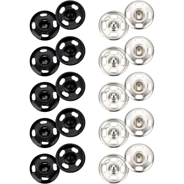 48 sett sy-på trykknapper i metall, trykknapper for søm av klær, svart og sølvfarget, 10 mm