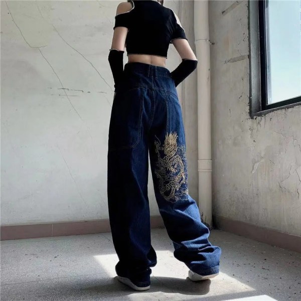 Amerikansk retro street løst broderede jeans med lige ben, kvinder 2022 ny c