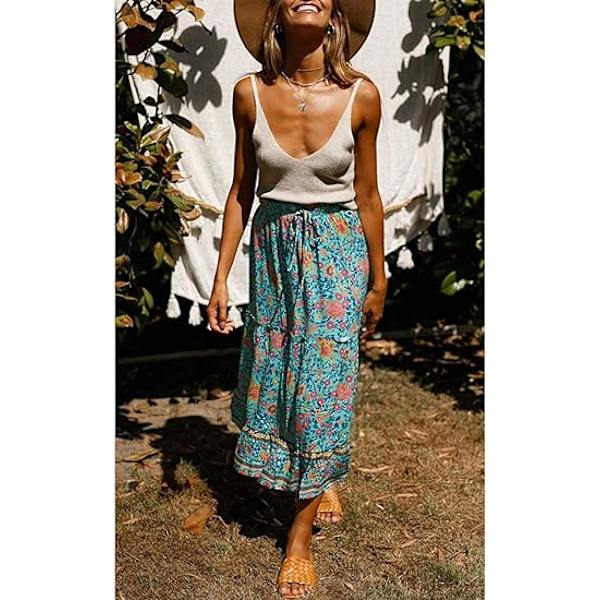 Kvinders Boho Blomsterprint Elastisk Højtaljet Plisseret A-Linje Midi Nederdel blå