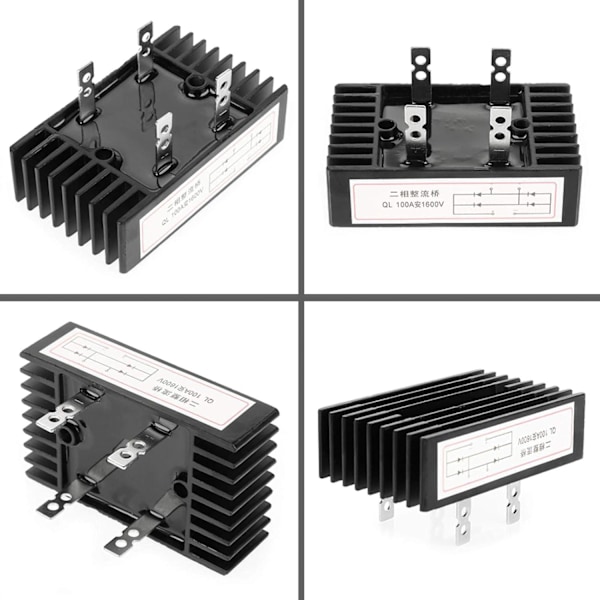 Brodiodebro, 1 stk 100A Amp 1600V Spenning 2-Fase Diode Høy Effekt Brodiode Svart på Kretskort Batterilader