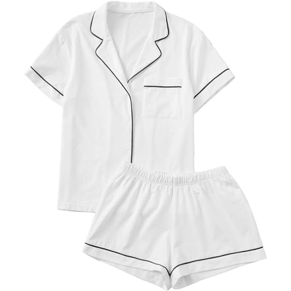 Kvinnors Notch Krage Korta Ärmar Sovkläder Två Delar Pyjamas Set vit XL