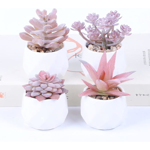 Sett med 4 mini kunstige sukkulenter, kunstige planter med potter, kunst
