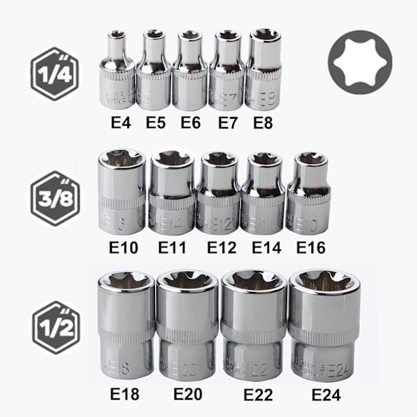 14-delt E4-E24 E-Torx Hex Hunn Sokkelsett
