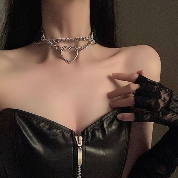 Choker Heart Collar BLACK PU Leather Necklace Goth Harness Black