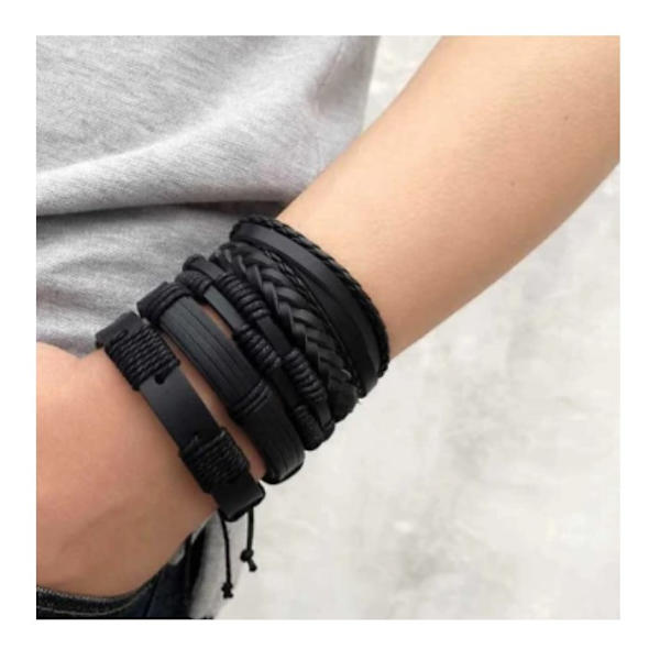 5-pak Håndlavede Læderarmbånd Herrearmbånd Sort sort