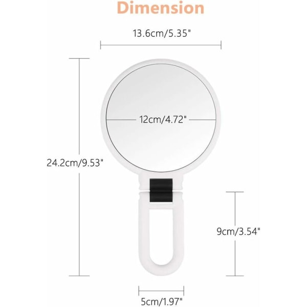 Kaksisuuntainen meikkpeili 5x/1x suurentava käsipeili taittuvalla kahvalla