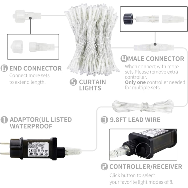 3x3m lysgardin, 300 LED innendørs lysgardin, utendørs lysgardin med 8 moduser og EU-plugg, IP44 vanntett, LED-lysgardin for Valentinsdag, fest (kald hvit eller varm hvit)