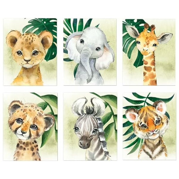 6 Plakater Skovdyr Baby Barn Plakat Elefant Løve Giraf Zebra Tige