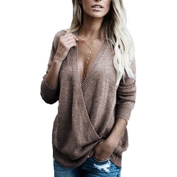 Kvinnor Långärmad Djup V-ringad Stickad Tröja Wrap Front Lös Toppar Pullover J