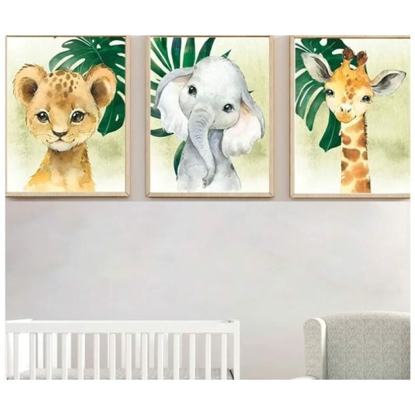 3 Affisch Djursafari Djungel Giraff Lejon Elefant Palmträd Väggkonst 30x4