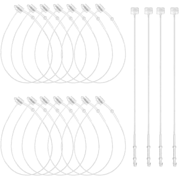 5000 kappaletta ripustettavia hintalappuja, läpinäkyviä muovisia nippusiteitä, pituus 128 mm, muovinen hintalapun kiinnitin, turvallisuuslanka hintalappuihin, vaatteisiin