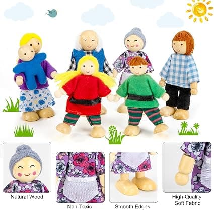 Mini Leddedukker Trædukker Legetøj med 7 Søde Figurkarakterer, kompatible Børn Piger Rollespilstilbehør og Gave