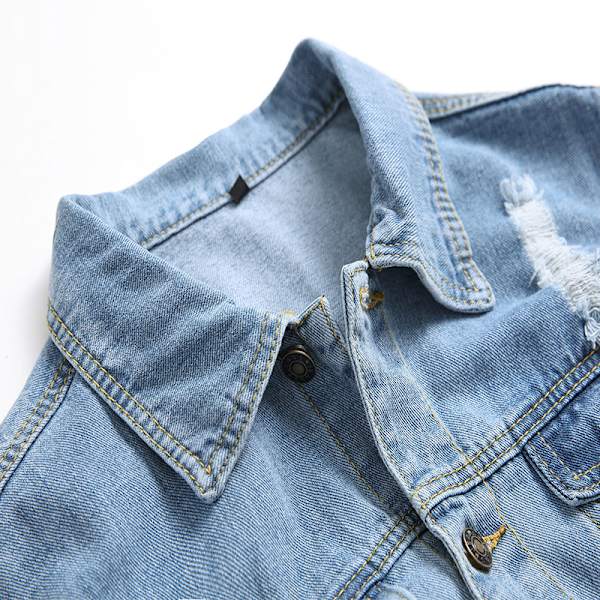 Jeansjakke til mænd, klassisk slidt slim denimjakke med huller, XXL