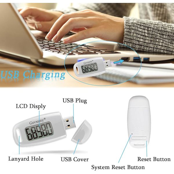3D-stegräknare med klämma och bälte, enkel stegräknare, USB-laddningsbar Accu