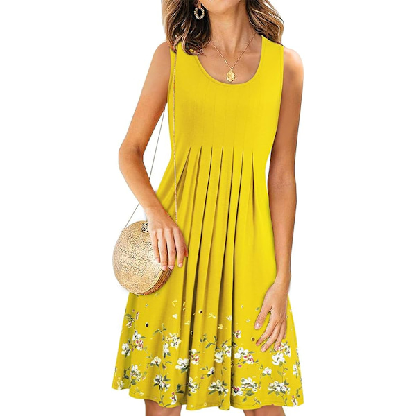 Kvinner Sommer Casual Løs Blomstertrykk Plissert Ermeløs Midi Vest Sol Kjoler for Strand Bryllup Fest GUL XL