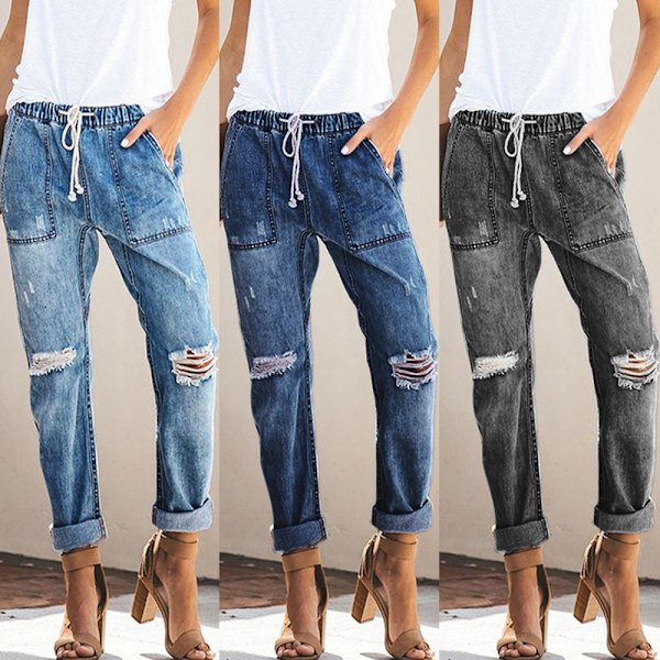 Dam Distressed Denim Joggers Lösa Elastiska Midja Stretch Byxor XL