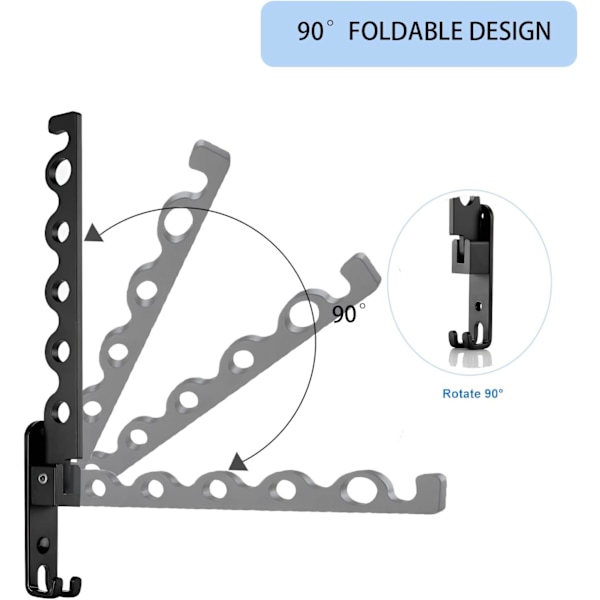 Vægmonteret tøjstativ, væghængt sammenklappelig tørrestativ krogophæng til altan 90° rotation sammenklappelig vægmonteret tøjstativ til badeværelse, seng