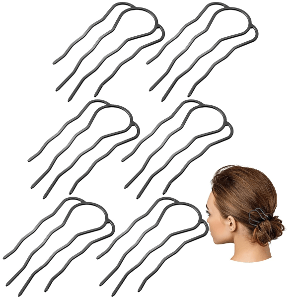 6 stk. hårgaffelklips, 87 mm, sidehårsbørste, 4-tannet hårklemme, bolleklemme, hårnåler, klips, grep (svart)