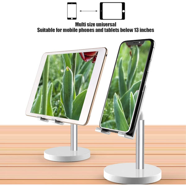 Telefonholder - Mobiltelefonholder i aluminiumslegering til skrivebord, højdejusterbar, kompatibel med iOS-tablet, sølv