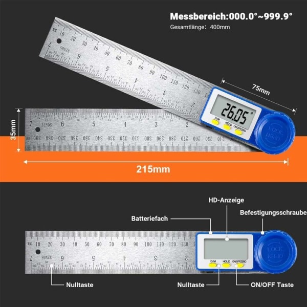 Digital vinkelmåler, vinkelmåler i rustfritt stål for snekker og skråkant, 360° måleområde, stållinjal for trebearbeiding for DIY, håndverk og hobbyer