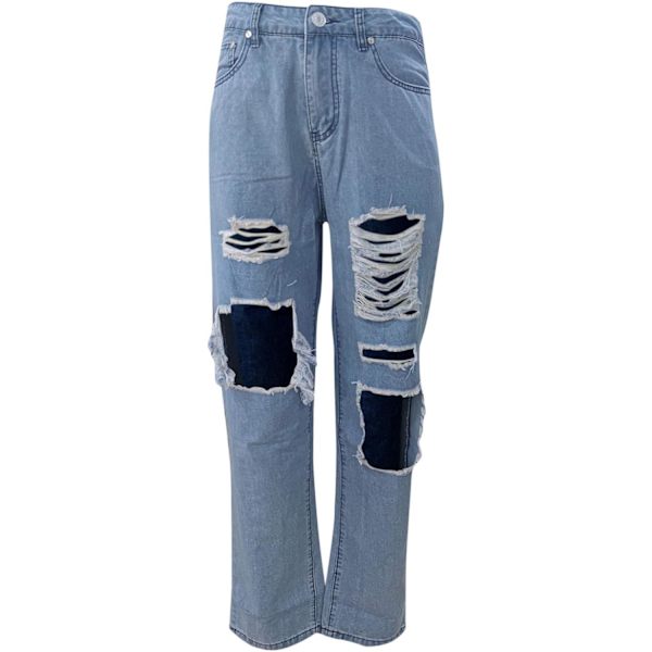 Kvinnors högmidjade lösa slitna jeans, pojkvänsmode stora denimlösa