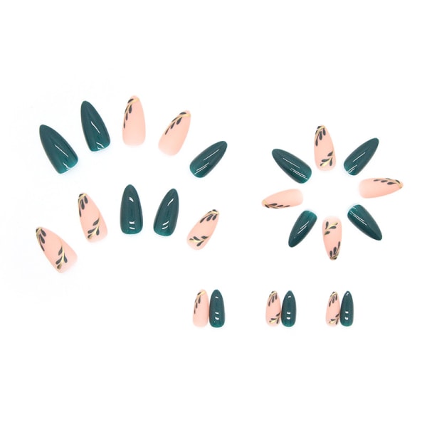 3 uppsättningar höstpress på naglar långa akrylmandel Fake Green Full