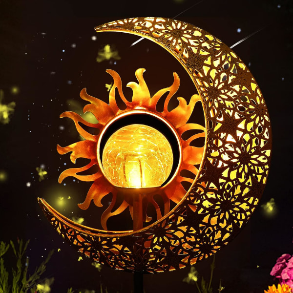 Trädgård Solar Lights Outdoor Dekorativa, Sun & Moon Crackle Glas Globe Meta