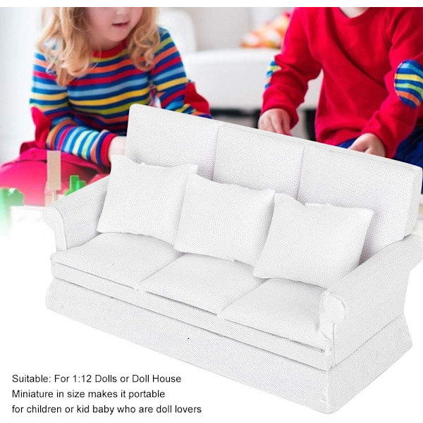 1:12 Dockhus vardagsrumsmöbler Mini Soffa med 3 st Kudde Vardagsrumsmöbler Trä Dockhus Dekoration Tillbehör Present till Pojkar och Flickor(vit)