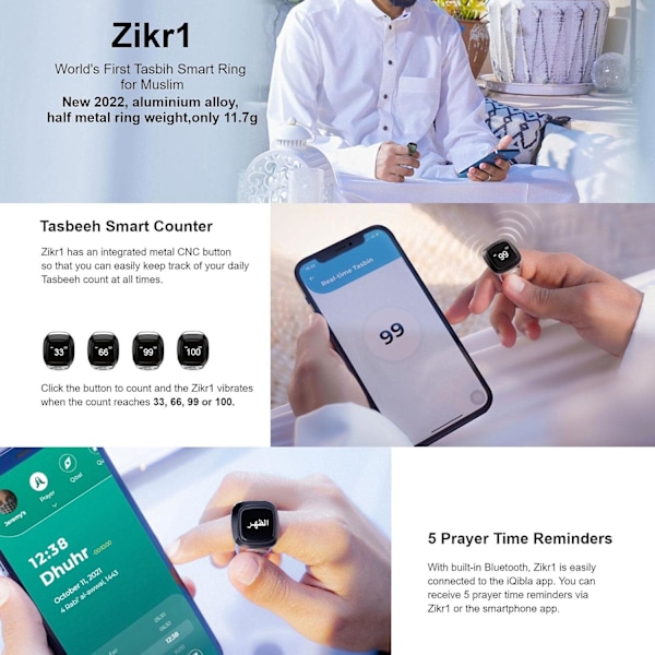 Tasbihräknare Smart Ringar | Digital Elektronisk Fingerräknare | Flerspråkig Fingerräknare?OLE-D Display Digital Elektronisk Tasbeeh Räknare