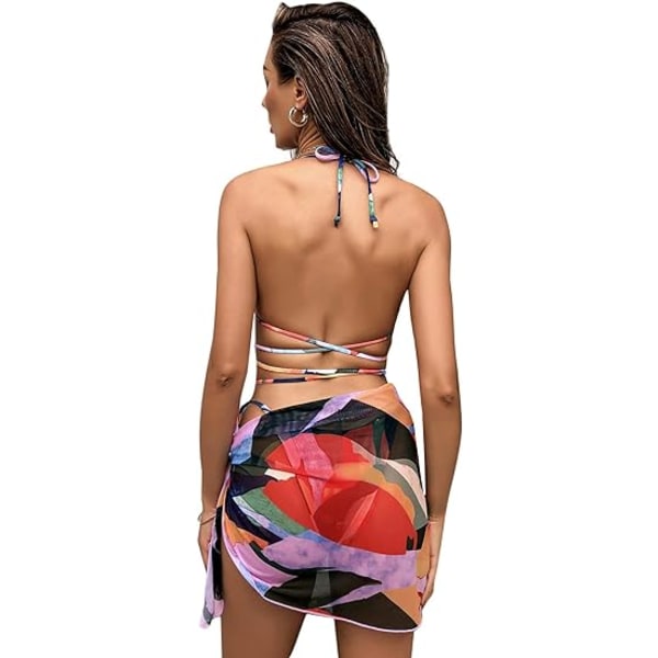 3-delad Tie Dye Bikini Set Baddräkt med Sarong Cover Up Strandkjol