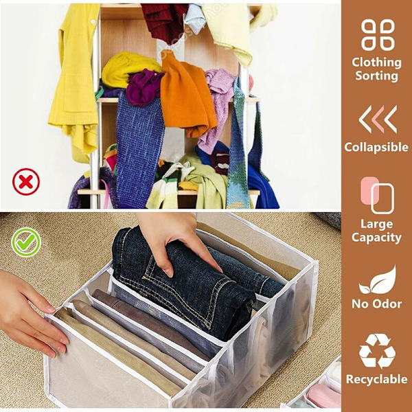 Kleskleskuff Organizer, Foldbar Mesh Oppbevaringsboks, Skap Organizer med Rom, Skap Oppbevaringspose for Jeans og Skjorter, 7+9 Grid