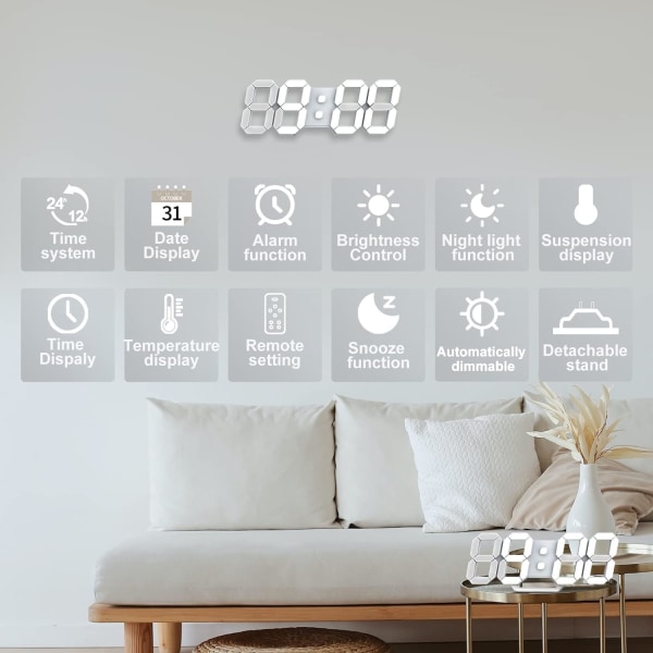 3D LED Digital Væg Ur Lille Vækkeur Fjernbetjening Temperatur Dato