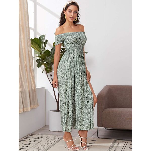 Kvinde Bohemian Blomster Print Off Shoulder Slidset Lang A-Linje Kjole，XL