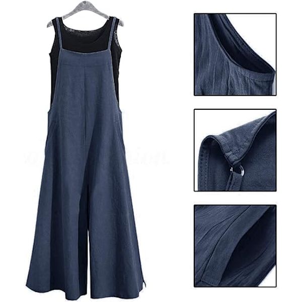 Kvinnor Casual Lös Lång Haklapp Byxor Vida Ben Jumpsuits Baggy Bomull Rompers O
