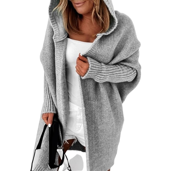 Dame Lang Cardigan Strikkede Åben Front Oversized Hætte O