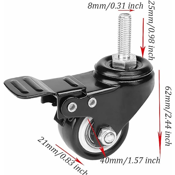 Svingbare hjul med brems, 4 stk. tunge møbelhjul Industrielle platehjul Metall Industrielle hjul, Hjul med brems Industriell platetransport (M8-stamme)