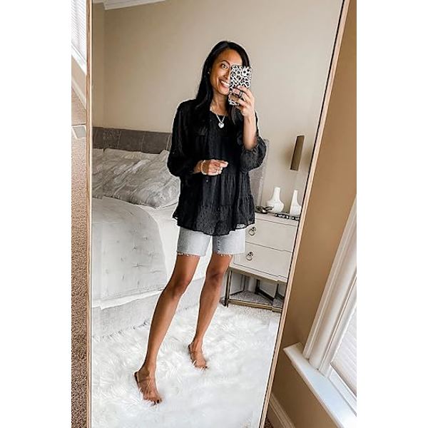 Dam sommar lös chiffong blus mesh långärmad casual rund hals peplum