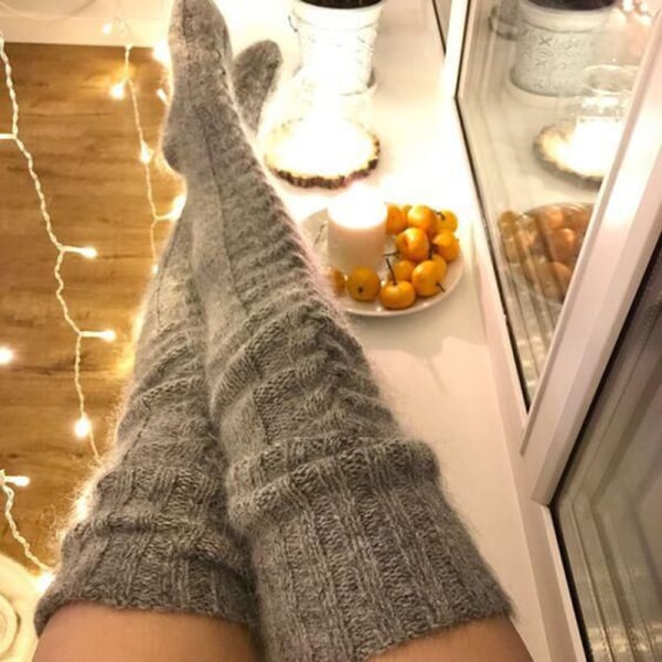 Warm Knitted Knee Socks High Socks Thigh High Gray