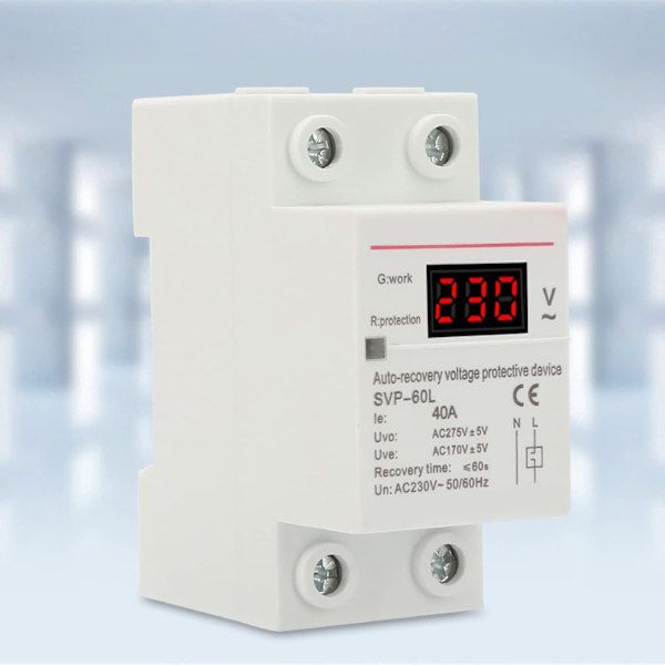 Spændingsregulator, 230V 40A Automatisk Genopretning Overspændings- og Underspændingsbeskyttelsesenhed DIN-Skinnemonteret Beskytter