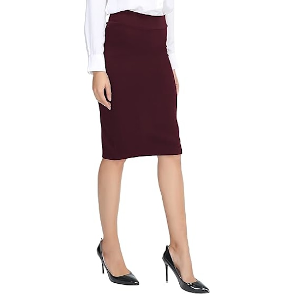 Kvinners elastisk midje stretch bodycon midi blyantskjørt vinrød L