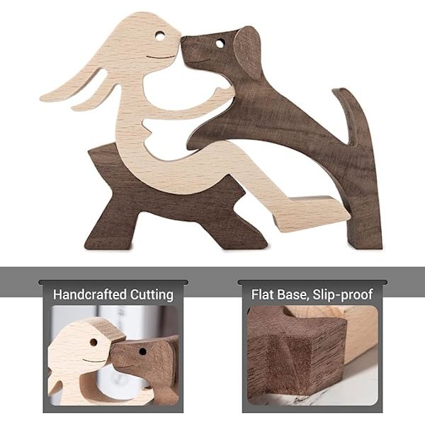 Håndlavet træstatue, siddende kvinde og hund, trædekorationspyntegenstand