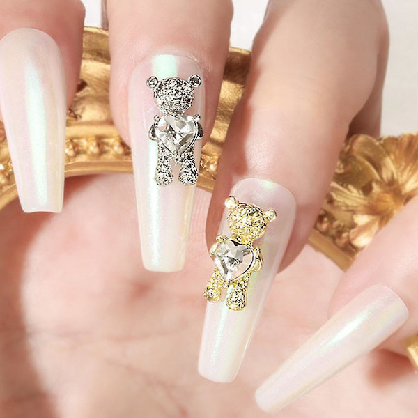 10 stk. skinnende bjørne 3D neglekunst dekorationer med hjerte luksus rhinestone manicure